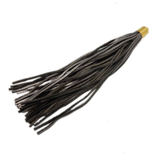 Metallic Brown Leather Tassel - Large Leather Strand Tassel Pendant with Gold Toned Cap and Bail  - (S115B11-04)