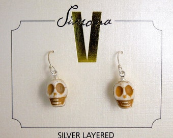 Skull Earrings White Howlite with Electroplated Silver Edges -SAMPLE SALE (S22B9-15)