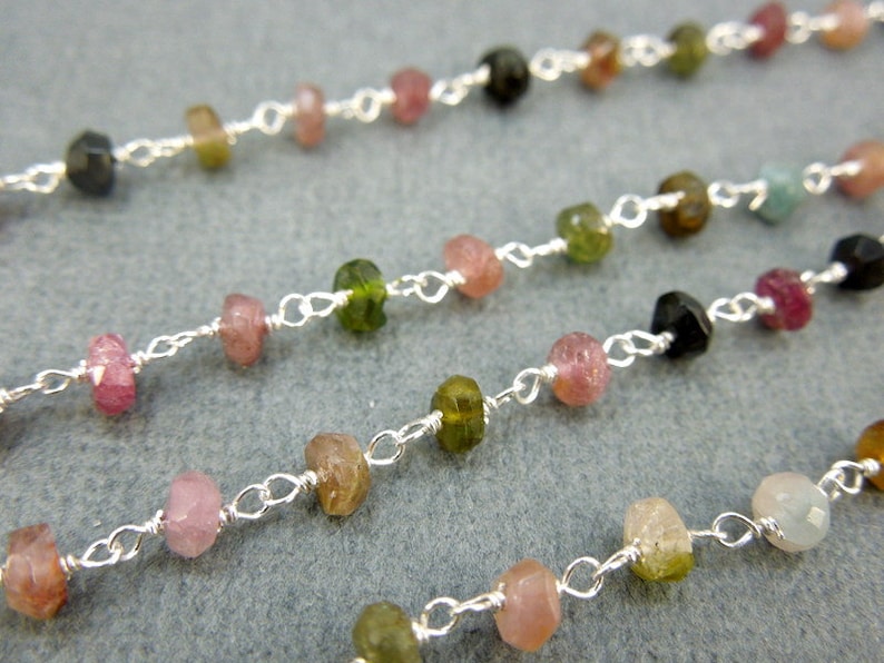 Tourmaline Wire Wrapped Chain 4mm Tourmaline with Sterling Silver Wire Wrap Rosary Style beaded Chain BY FOOT CHN-288