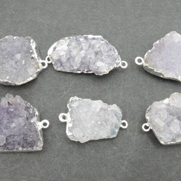 Natural Druzy Connector Freeform Light Purple Druzy Double Bail Pendant with Electroplated Silver Edge Small DDZ - (S100B21-01)