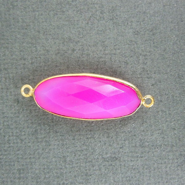 Fuchsia Chalcedony Oval Connector Pendant -26mm x 10mm 22k Gold edged bezel Link- Double Bail Pendant (Gc-115)