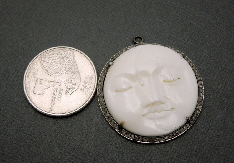 EX20-07D Round Moon Face Pendant in an Oxidized Sterling Silver and Pave Diamond Bezel Pave Diamond and Round Carved Bone Pendant