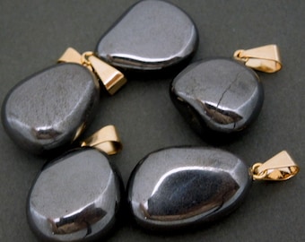 Natural Hematite Pendant- Tumbled Hematite Pendant with Gold Bail (S23B14-10)