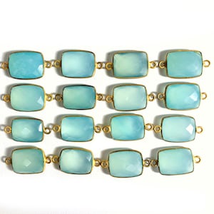 Aqua Blue Chalcedony Rectangle Connector with Electroplated 24k Gold Edge (S52B28b-02)