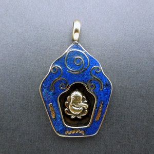 Lapis Lazuli and Brass Ganesha Pendant with Brass Repousse (S42B3-02)