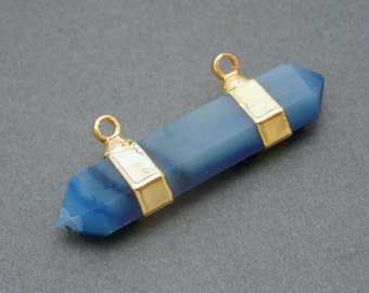 Dyed Blue Agate Double Terminated Double Bail Pendant Connector with 24k Gold Electroplated Edge and Bails (S20B20-11)