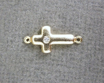 Gold Cross Charm-- Gold Vermeil Sideways Cross with Rhinestone Accent Double Bail Connector Charm Pendant (LA-15)