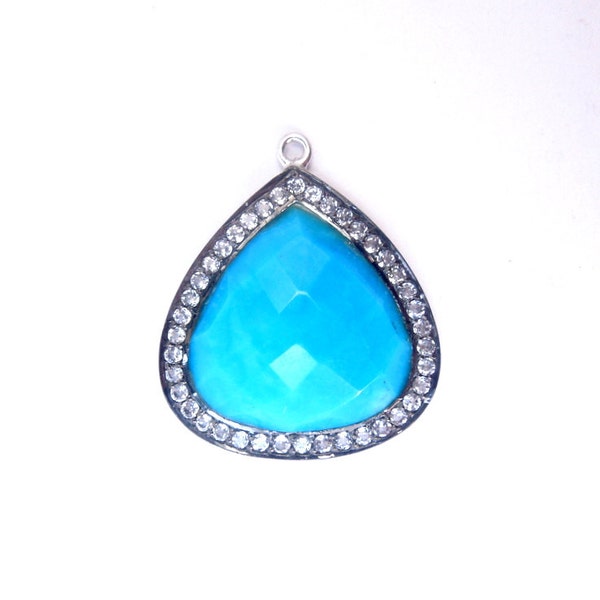 Turquoise Magnesite Drop in a Sterling Silver with White Topaz Pavee Bezel Pendant-- Turquoise Drop Pendant (EX19-01)