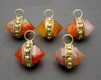 Orange Quartz Nugget Pendant  --  Double Terminated Nugget with Dotted Brass Edge and Bail - (S20B12-04)