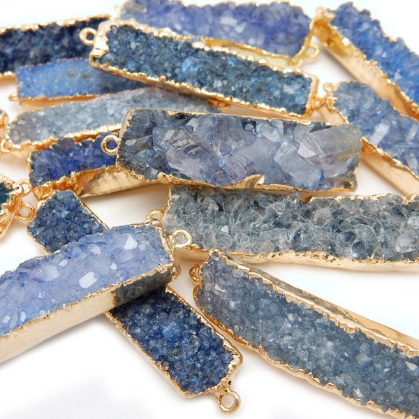 Blue Druzy Rectangle Bar Double Bail Connector Pendant with 24k Gold Electroplated Edges (S94b11-02)