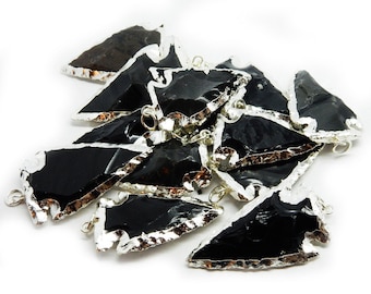 Black Obsidian Arrowhead Pendant with Electroplated Silver  (S55B2-03)