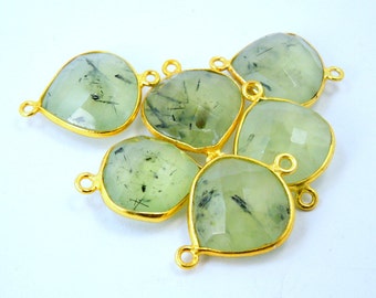 Prehnite Gemstone Connector- Prehnite Drop Station Connector- 15mm Gold Vermeil Bezel Double Bail Charm Pendant (S8B4-22))