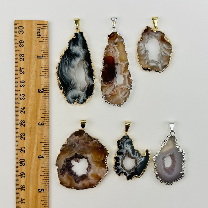Agate Occo Geode Druzy Slice Pendant Crystal Geode with Electroplated Gold or Silver Edge S40B5 image 6