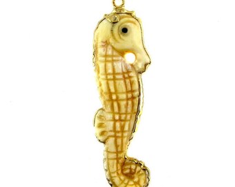 SALE Seahorse Charm Pendant-- Carved Bone Seahorse with a 24k Gold Electroplated Trim Charm Pendant  (S6B7-01)