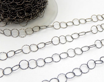 Oxidized Sterling Silver Chain- Textured Round Chain links -- 1 FOOT  (CHN-368)
