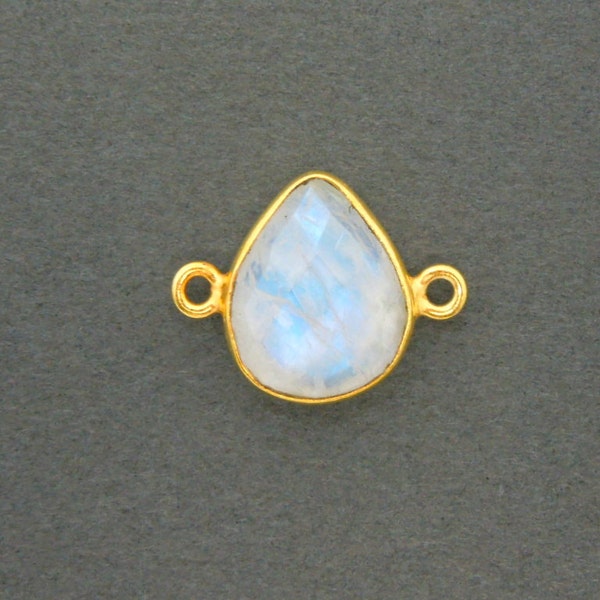 Moonstone Teardrop Station Double Bail Connector- 13mm x 9mm Gold over Sterling Silver Bezel Charm Pendant (S7B10-06)