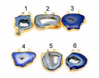 White and Blue Druzy Agate Freeform Slice Pendant with Electroplated 24k Gold Edge and Double Bail -- YoU CHoOse (AGT-42)