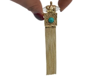 Brass Crystal Point Chain Tassel Pendant with Turquoise Gemstone Accent (S54B8)