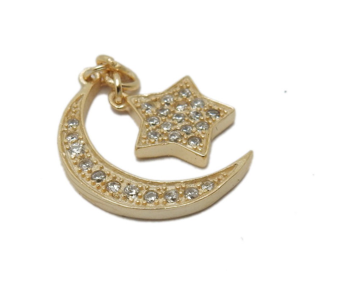 Crescent Moon Pendant With Dangling Star - Gold Over
