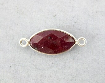 Dyed Ruby Station Marquise Connector - 16mm x 8mm Sterling Silver Bezel Link - Double Bail Charm Pendant (S8B9-22)