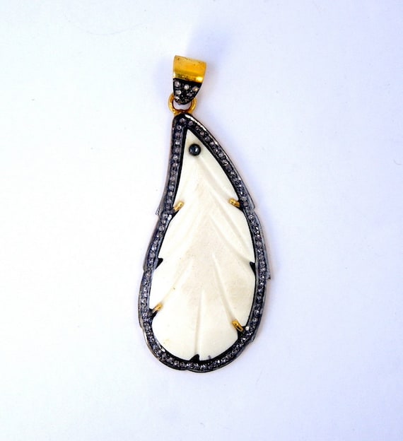 Pave Diamond Carved Bone Feather Pendant set in a Gold over Sterling Silver Bezel with Pave Diamond Edge (EX1-06)