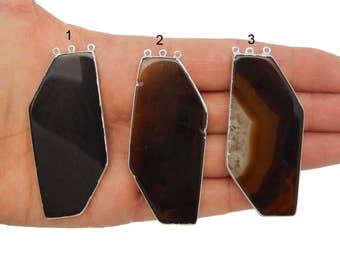 Agate Pendant Triple Bail Connector Pendant with Silver Electroplated Edges - Deep Brown Colors - YOU CHoose (LOT S-927)