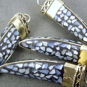 Mother of Pearl and Brass Mosaic Horn Pendant  S30B2-01