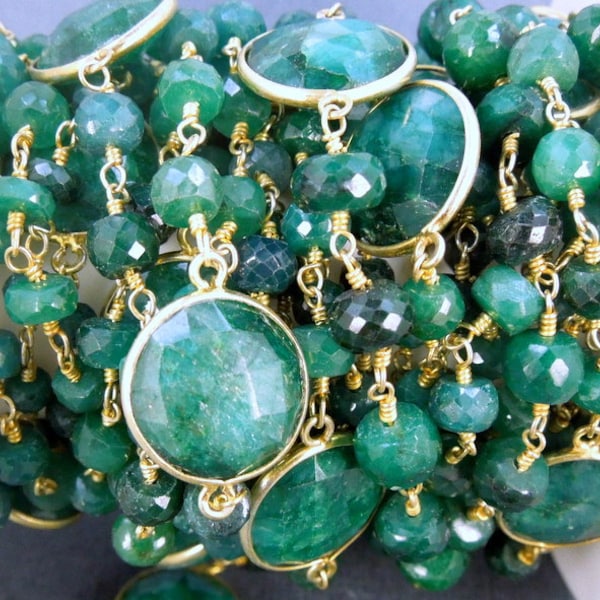 Dyed Emerald Wire Wrapped Beaded Chain with Dyed Emerald Connectors- Gold over sterling Beaded Rosary Style Chain-- PER FOOT (CHN-18)