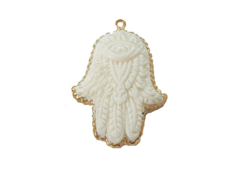 White Bone Hamsa Hand Pendant with Intricate Carved Designed and Electroplated 24k Gold or Silver Edge S28B10-08 Hamsa Hand S98B16-10