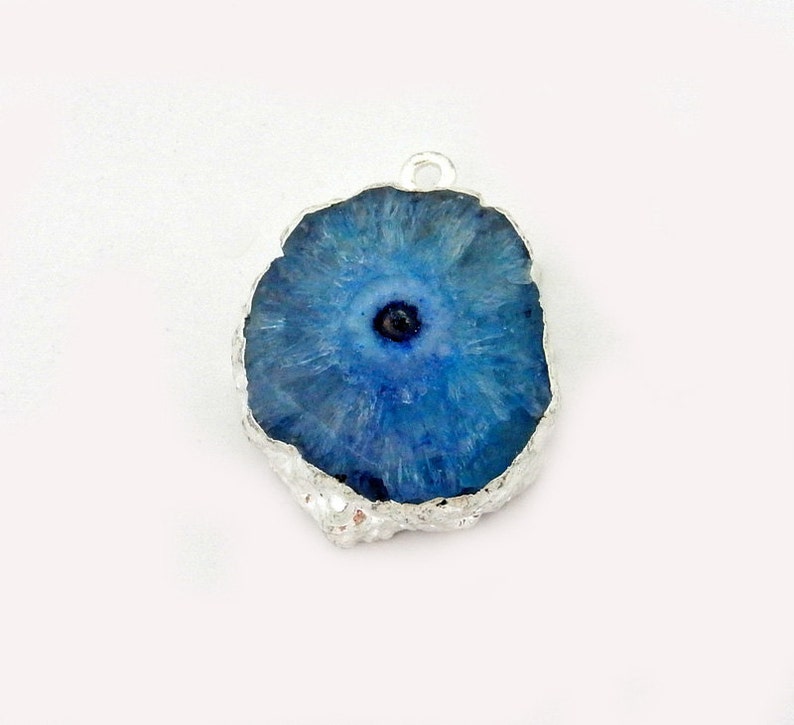 S85B5-02 Blue Dyed Solar Quartz Rounded Pendant with Electroplated Silver Edge