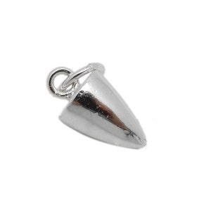 May include: Silver charm in the shape of a pointed cone with a loop at the top for attaching to a bracelet or necklace.