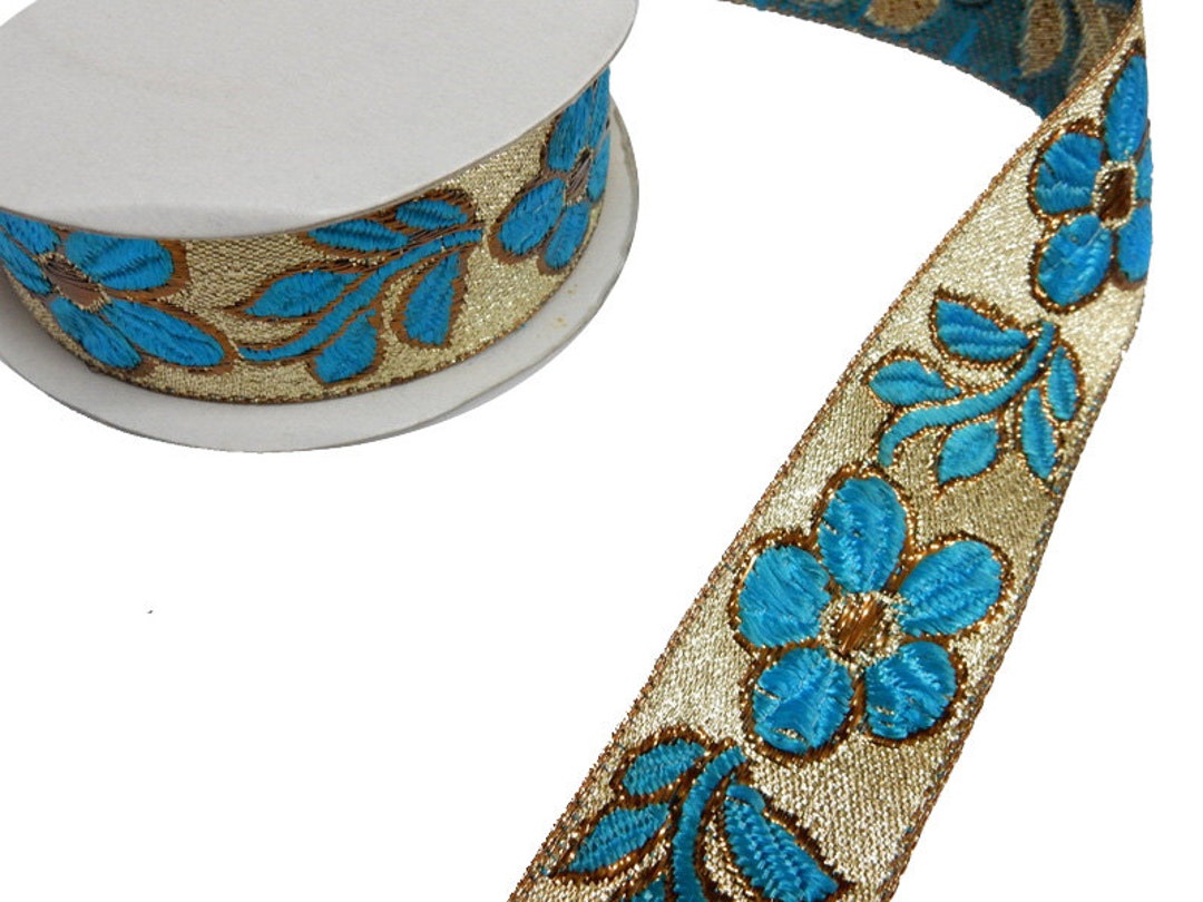 Sari Ribbon 23ft Gold Sari Ribbon With Turquoise Colored Floral Design ...