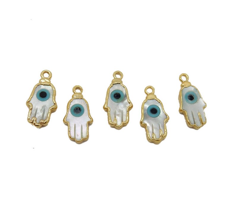 Tiny Pearl Hamsa Hand Pendant with Electroplated 24k Gold, Gun Metal, or Silver Edge and Cap (S87B18-07) (S86B12-04) (S86B19-16) image 5