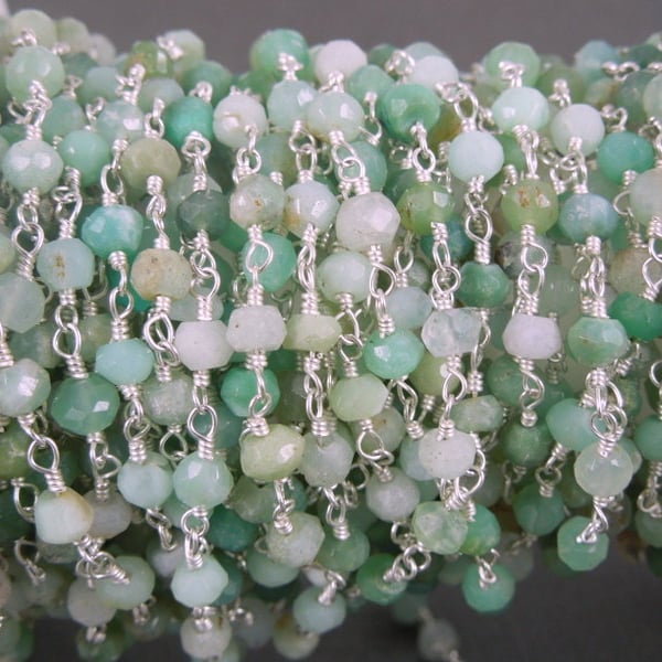 Chrysoprase Wire Wrapped Beaded Chain - Silver Rosary Style Chain -Chain per foot CHN-326