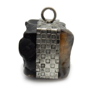 Raw Black Agate Pendant Tibetan-Style Raw Freeform Cube with Silver Toned Band S52B21-04 image 2
