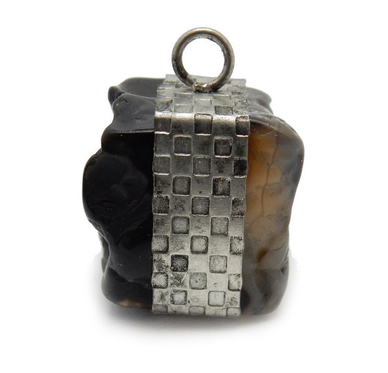 Raw Black Agate Pendant Tibetan-Style Raw Freeform Cube with Silver Toned Band S52B21-04 image 2