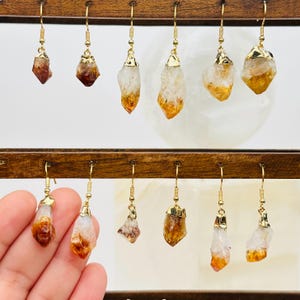 Citrine Quartz Crystal Point Earrings - 24k Gold Electroplated