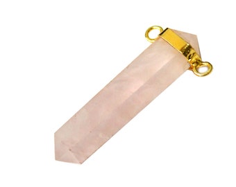 Rose Quartz Gold Tone Double Connector Bezel Point Pendant - Healing - Chakra - Metaphysical - S80B2-02