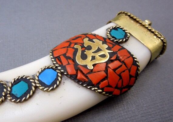Tibetan White Carved Bone LARGE Horn Pendant With Brass Cap