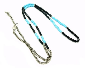 Tibetan Antique Silver Toned Beaded  -- Finished 31" Turquoise and Black Onyx 4mm Bead Chain with lobster Clasp (S38B6-02)