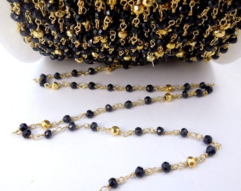 3ft - Black Spinel and Gold Pyrite Rosary Style Beaded Chain Wire Wrapped on Gold over Sterling or Plated Chain- 3 FEET (CHN-197S)(CHN-197B)