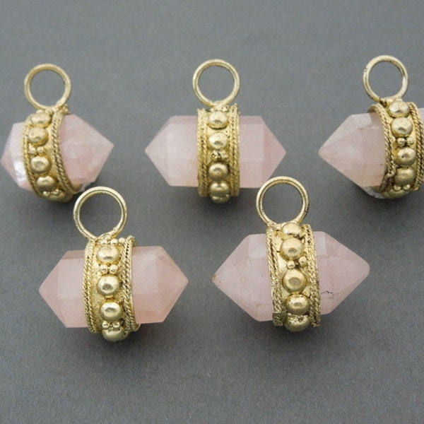 Rose Quartz Nugget Pendant  - Tibetan Double Terminated Nugget with Dotted Brass Edge and Bail - (S20B12-03)