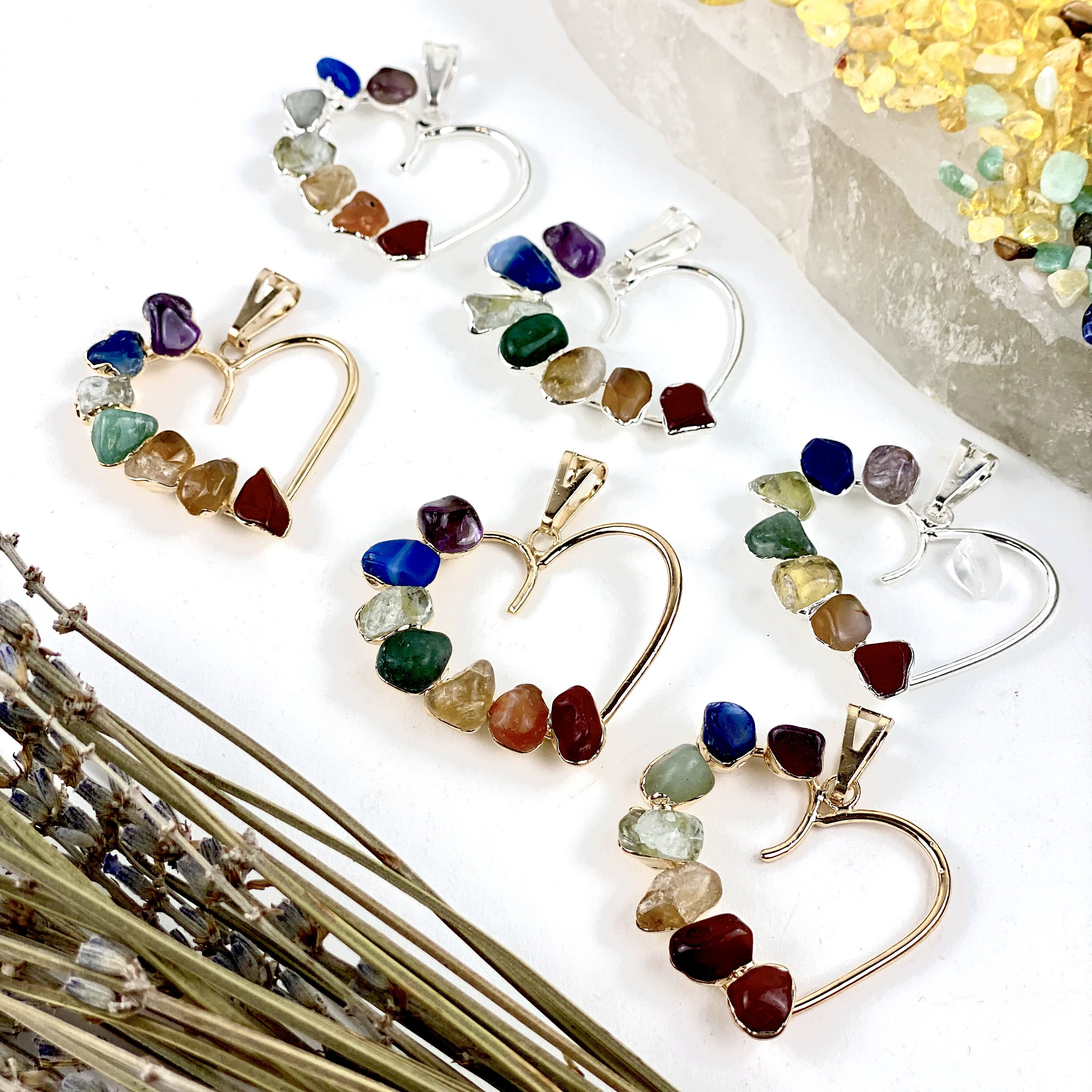 Chakra Tumbled Heart Pendants (S11B23)
