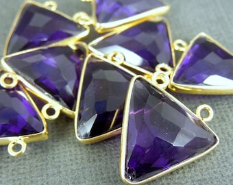 Amethyst Station Triangle Charm Pendant - 16mm Gold Vermeil Bezel Double Bail Gemstone Charm Pendant (CA-05)