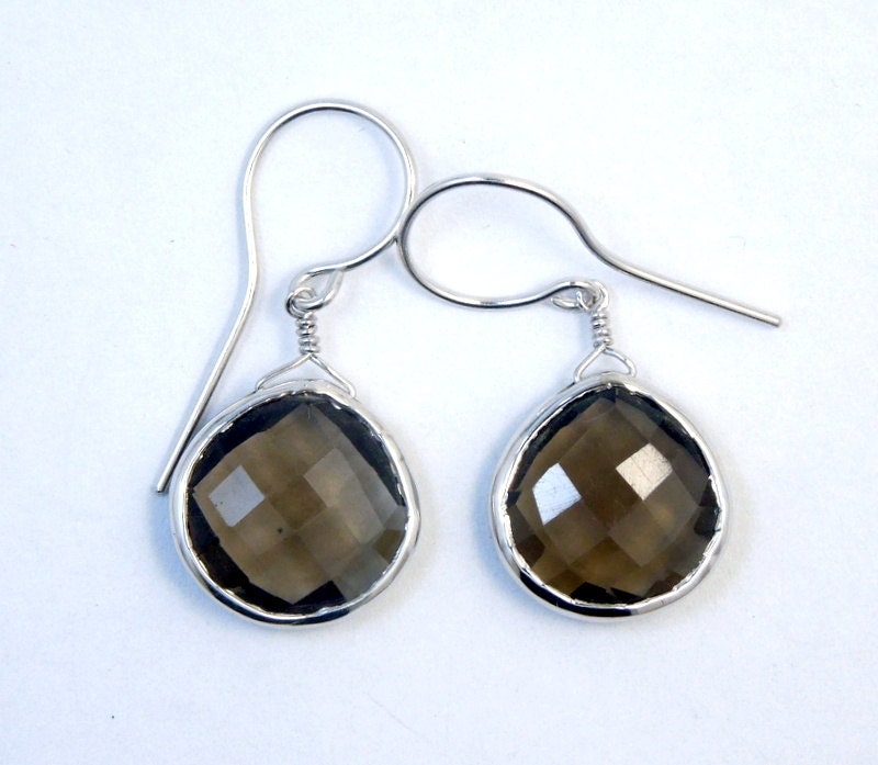 Smokey Quartz Drop Earrings With Sterling Silver Bezels and