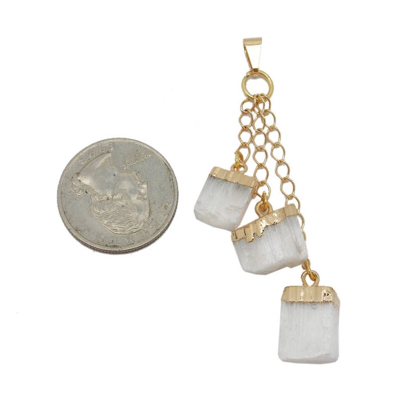 Selenite Pendant Selenite Nuggets with Electroplated 24k Gold or Silver Caps and Chain Pendant with 3 Hanging stones S57B17 image 5