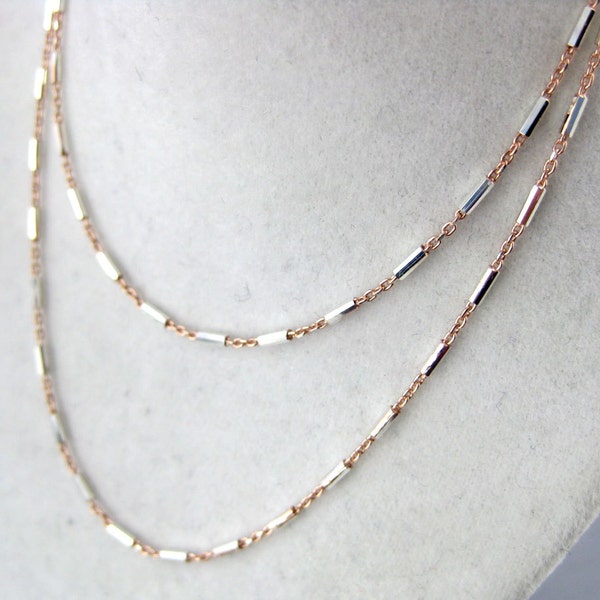 Rose Gold and Silver Chain- 18" Two Tone Rose Gold/ Silver Bar and Link Finished Chain 1mm x 3mm Links (ZZ-08)