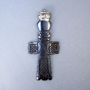 Cross Pendant-- Carved Bone Cross Pendant with Engraved Silver Toned Brass Cap  (S34B4-02)