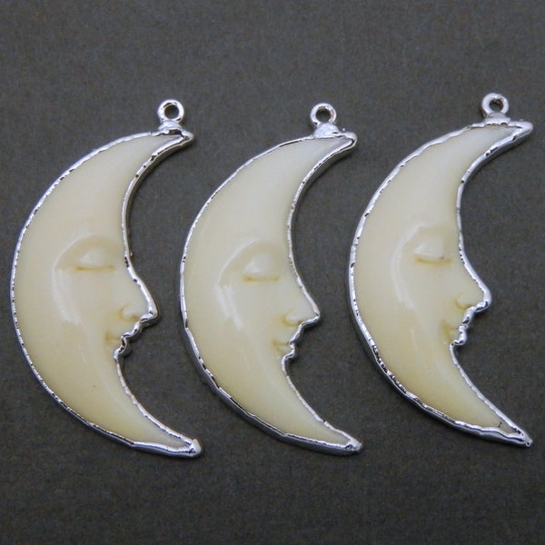 Bone Half Moon Pendant Charm with Electroplated Silver Edges and Bail (S4B8-05)