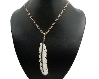 Finished 36" Diamond Pave Gold Over Oxidized Sterling Silver Bone Feather Necklace -- Gold Fill Oval Chain (EX21-12)